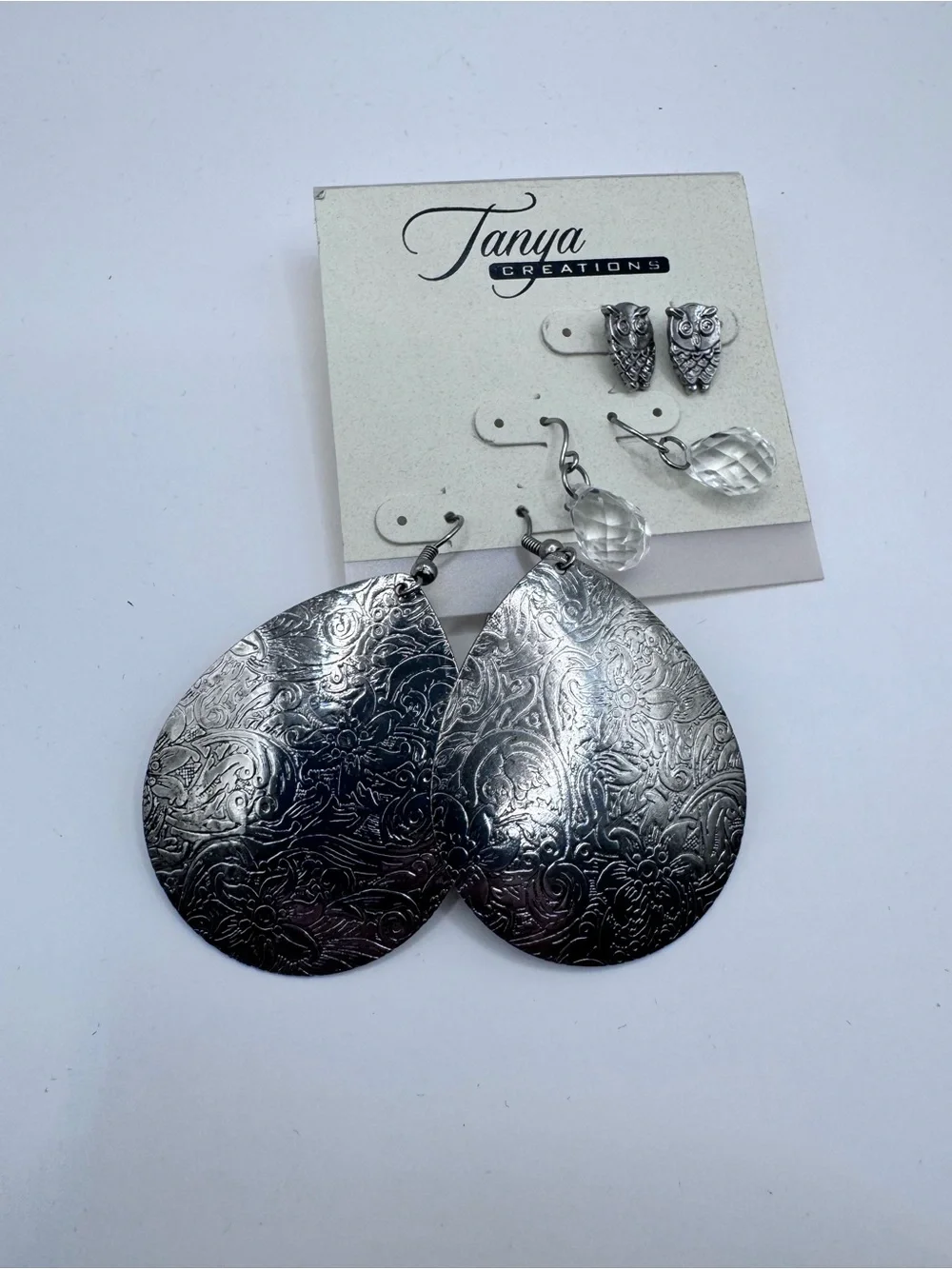 Silver-Tone Mixed 3 Earring Set with Textured Teardrop - Tanya Creations